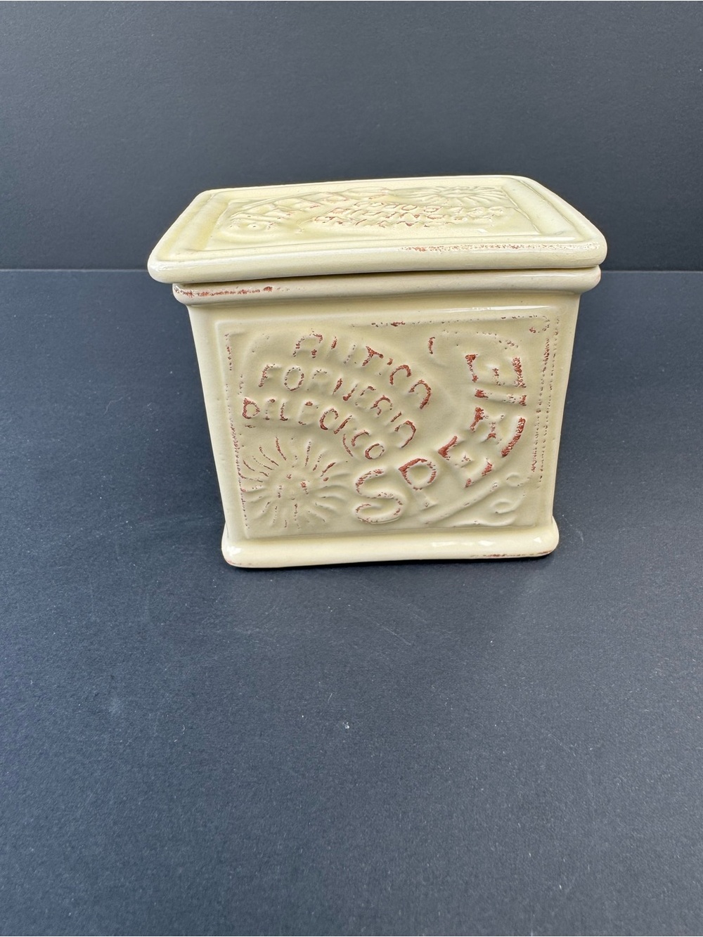Sur La Table Cream Ceramic Decorative Storage Box with Embossed Motif